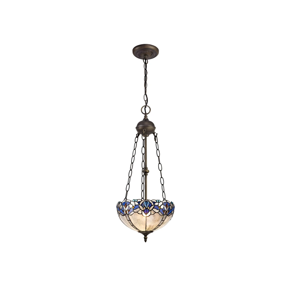 Ottawa 2 Light Uplighter Pendant E27 with 30cm Tiffany Shade Blueclear Crystalaged Antique Brass | Washington Lighting and Interiors Ottawa 2 Light Uplighter Pendant E27 with 30cm Tiffany Shade Blueclear Crystalaged Antique Brass | Washington Lighting and Interiors