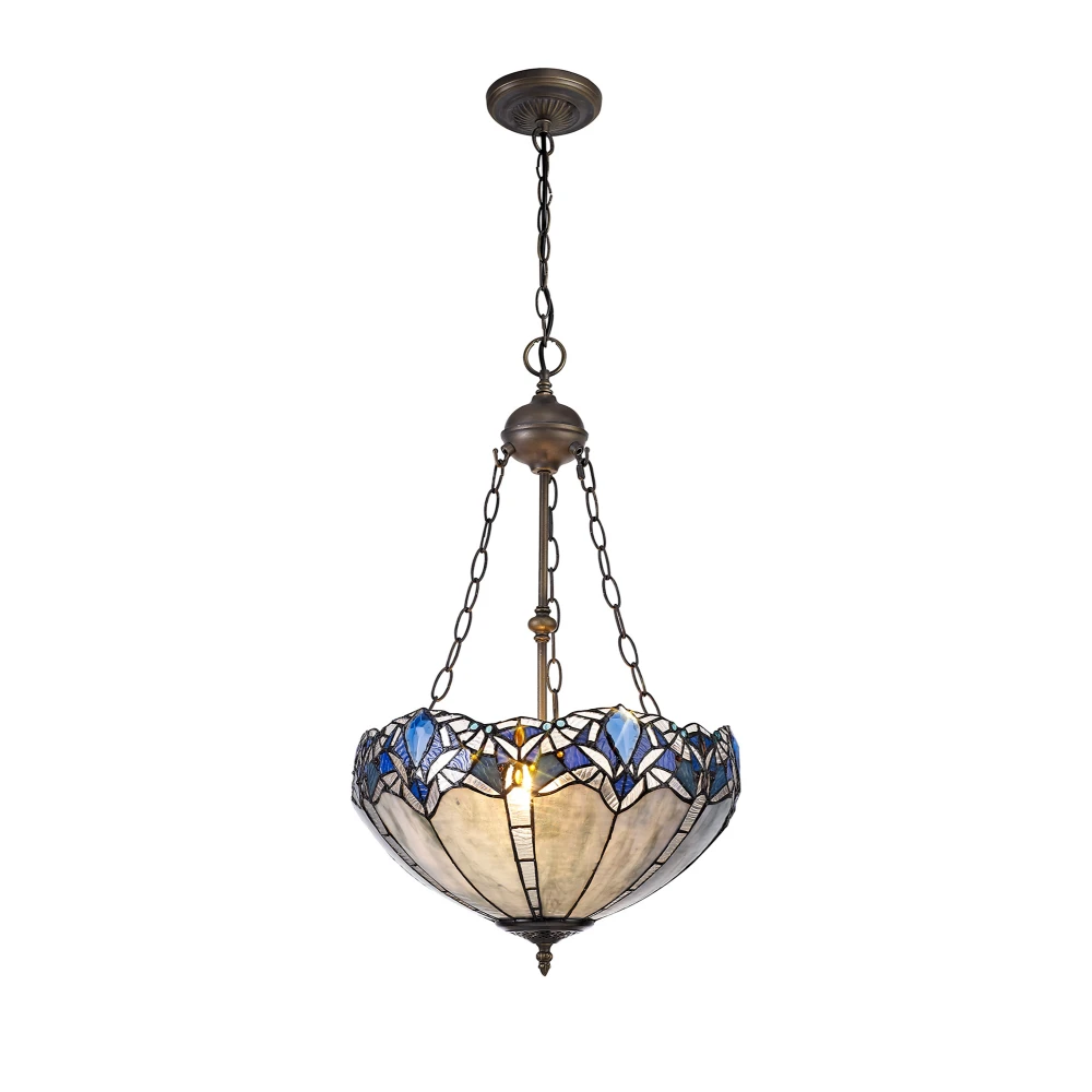 Ottawa 2 Light Uplighter Pendant E27 with 40cm Tiffany Shade Blueclear Crystalaged Antique Brass | Washington Lighting and Interiors Ottawa 2 Light Uplighter Pendant E27 with 40cm Tiffany Shade Blueclear Crystalaged Antique Brass | Washington Lighting and Interiors
