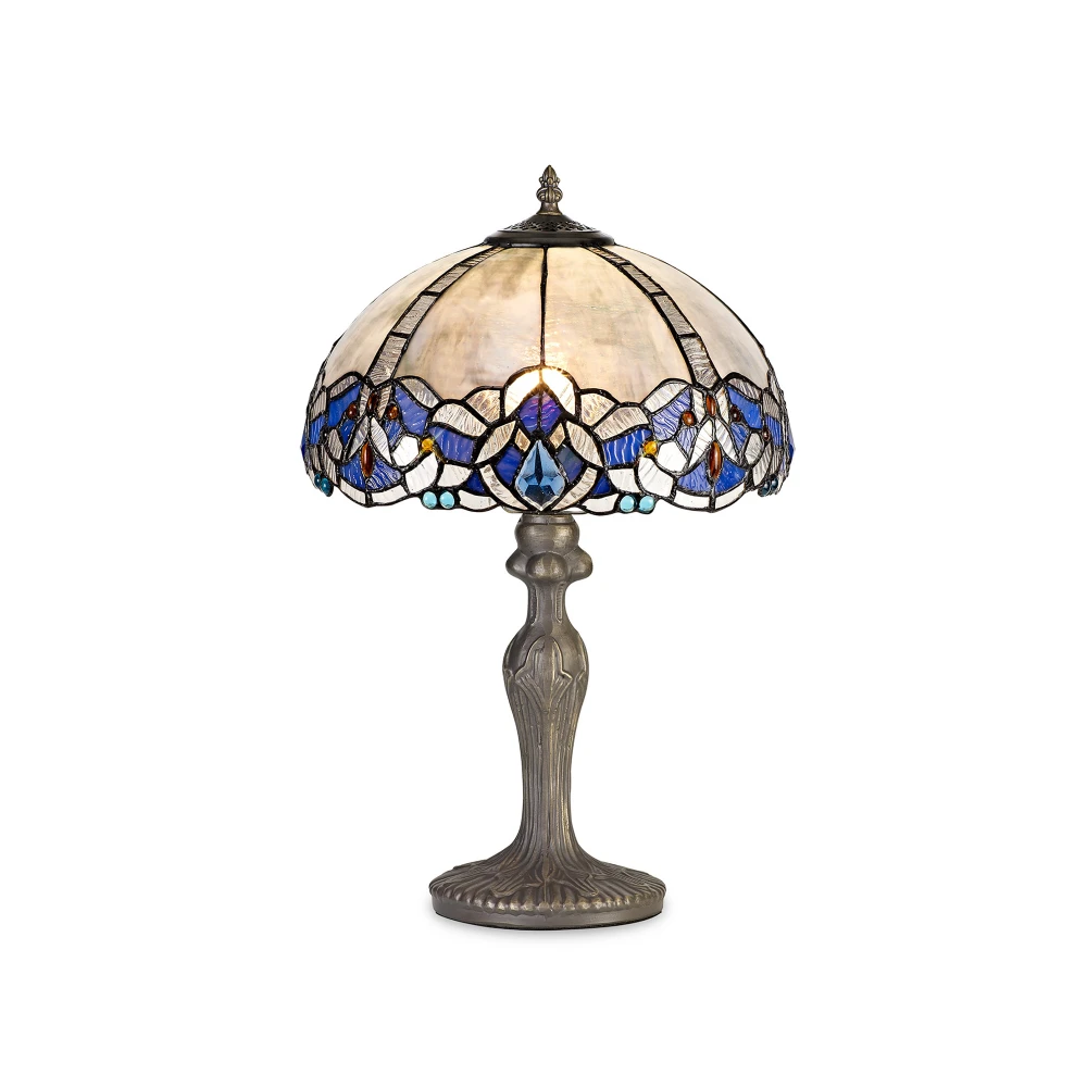 Ottawa 1 Light Curved Table Lamp E27 with 30cm Tiffany Shade Blueclear Crystalaged Antique Brass | Washington Lighting and Interiors Ottawa 1 Light Curved Table Lamp E27 with 30cm Tiffany Shade Blueclear Crystalaged Antique Brass | Washington Lighting and Interiors