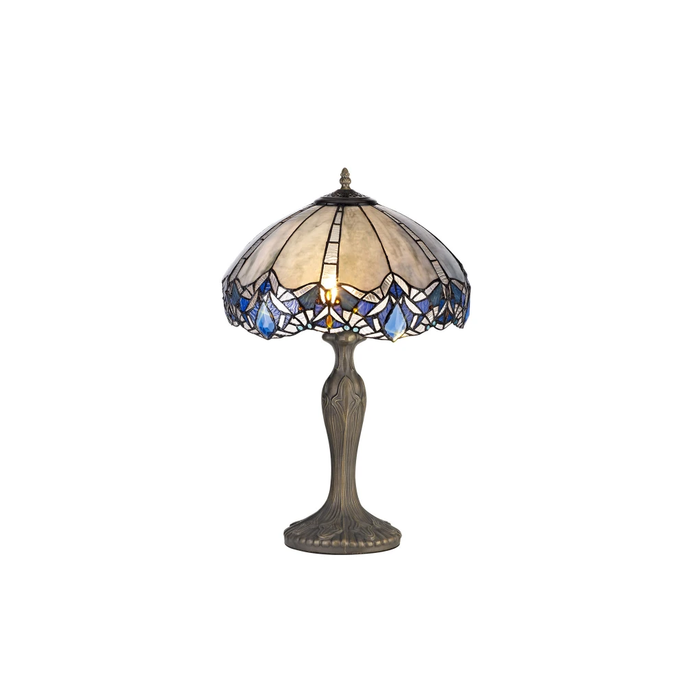 Ottawa 2 Light Curved Table Lamp E27 with 40cm Tiffany Shade Blueclear Crystalaged Antique Brass | Washington Lighting and Interiors Ottawa 2 Light Curved Table Lamp E27 with 40cm Tiffany Shade Blueclear Crystalaged Antique Brass | Washington Lighting and Interiors