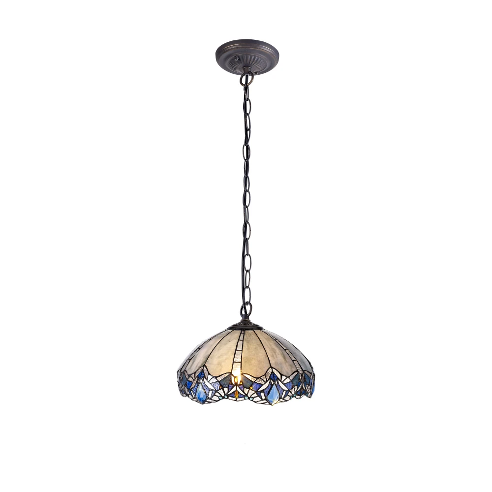 Ottawa 1 Light Downlight Pendant E27 with 40cm Tiffany Shade Blueclear Crystalaged Antique Brass | Washington Lighting and Interiors Ottawa 1 Light Downlight Pendant E27 with 40cm Tiffany Shade Blueclear Crystalaged Antique Brass | Washington Lighting and Interiors
