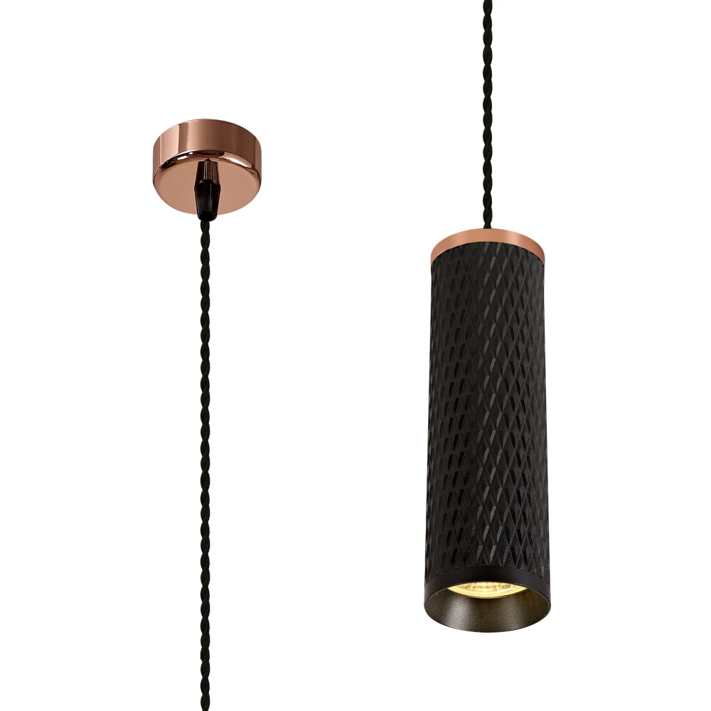 Shirl 1 Light 20cm Pendant Light Gu10 Rose Goldsand Black | Washington Lighting and Interiors Shirl 1 Light 20cm Pendant Light Gu10 Rose Goldsand Black | Washington Lighting and Interiors