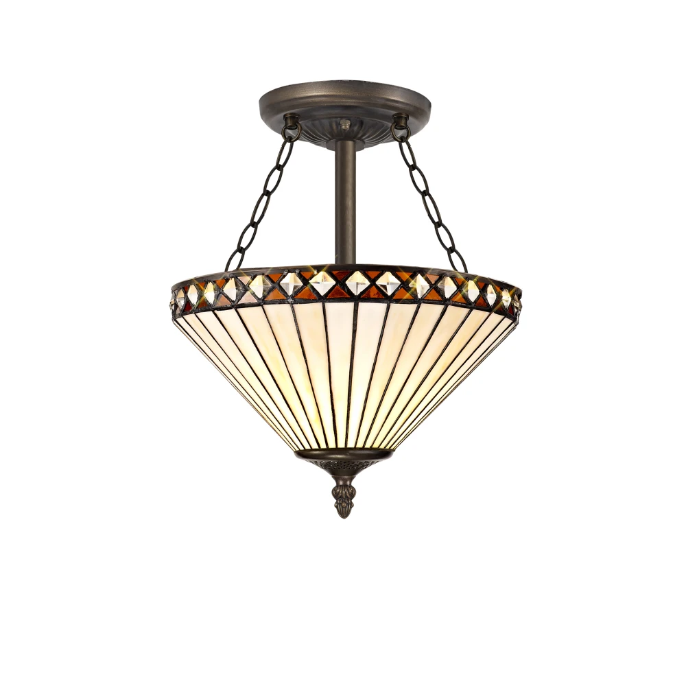 Tanner 3 Light Semi Ceiling E27 with 30cm Tiffany Shade Ambercreamcrystalaged Antique Brass | Washington Lighting and Interiors Tanner 3 Light Semi Ceiling E27 with 30cm Tiffany Shade Ambercreamcrystalaged Antique Brass | Washington Lighting and Interiors