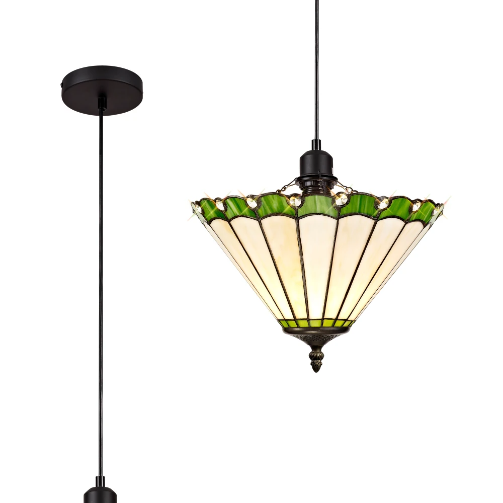 Uplands 1 Light Uplighter Pendant E27 with 30cm Tiffany Shade Greencreamcrystalblack | Washington Lighting and Interiors Uplands 1 Light Uplighter Pendant E27 with 30cm Tiffany Shade Greencreamcrystalblack | Washington Lighting and Interiors