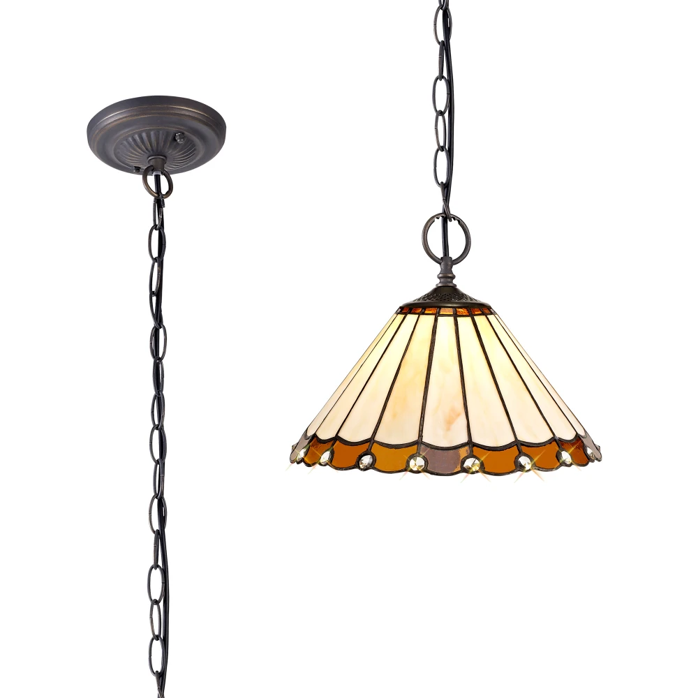 Uplands 2 Light Downlighter Pendant E27 with 30cm Tiffany Shade Ambercreamcrystalaged Antique Brass | Washington Lighting and Interiors Uplands 2 Light Downlighter Pendant E27 with 30cm Tiffany Shade Ambercreamcrystalaged Antique Brass | Washington Lighting and Interiors