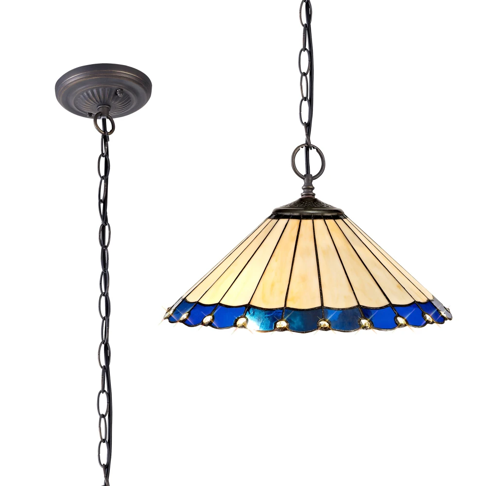 Uplands 2 Light Downlighter Pendant E27 with 40cm Tiffany Shade Bluecreamcrystalaged Antique Brass | Washington Lighting and Interiors Uplands 2 Light Downlighter Pendant E27 with 40cm Tiffany Shade Bluecreamcrystalaged Antique Brass | Washington Lighting and Interiors