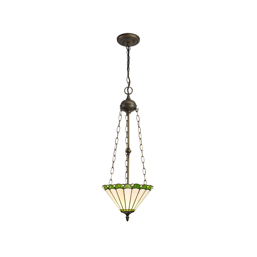Uplands 3 Light Uplighter Pendant E27 with 30cm Tiffany Shade Greencreamcrystalaged Antique Brass | Washington Lighting and Interiors Uplands 3 Light Uplighter Pendant E27 with 30cm Tiffany Shade Greencreamcrystalaged Antique Brass | Washington Lighting and Interiors