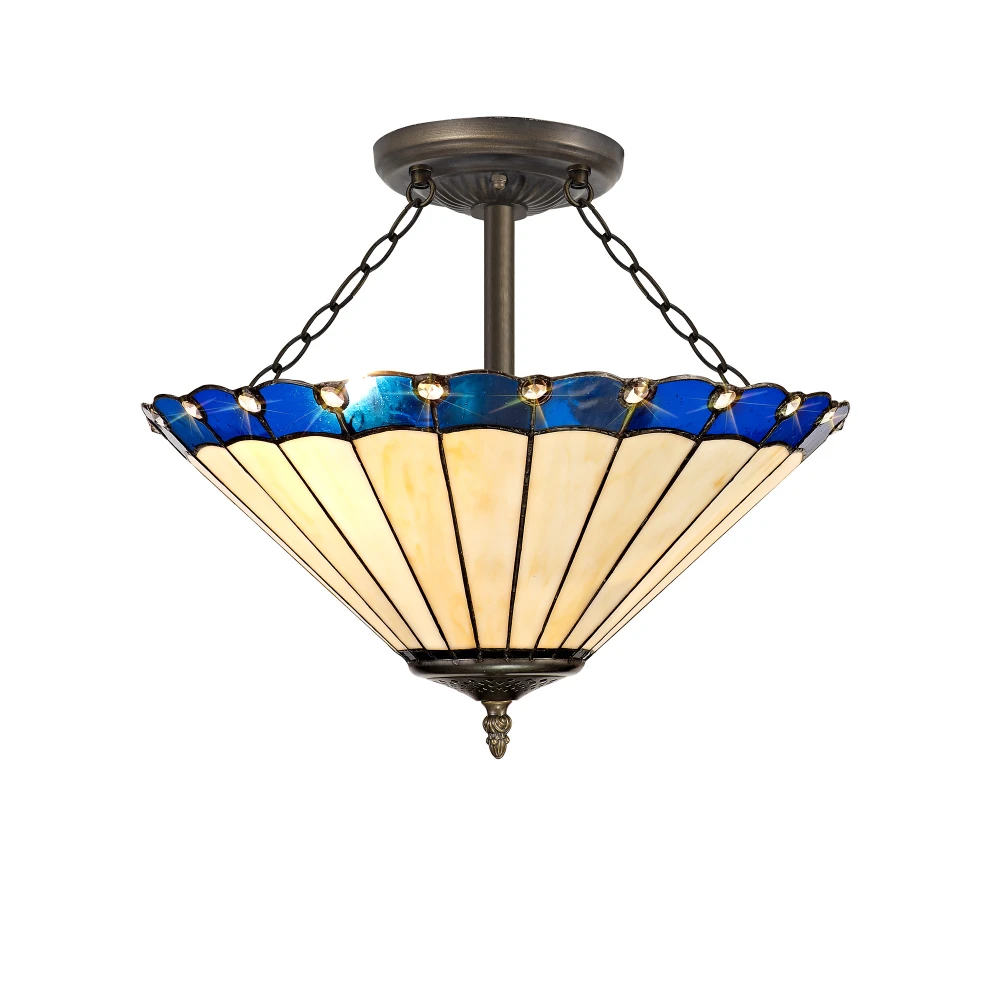 Uplands 3 Light Semi Ceiling E27 with 40cm Tiffany Shade Bluecreamcrystalaged Antique Brass | Washington Lighting and Interiors Uplands 3 Light Semi Ceiling E27 with 40cm Tiffany Shade Bluecreamcrystalaged Antique Brass | Washington Lighting and Interiors