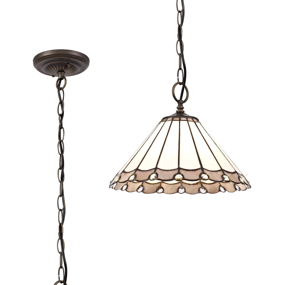 Uplands 1 Light Downlighter Pendant E27 with 30cm Tiffany Shade Greycreamcrystalaged Antique Brass | Washington Lighting and Interiors Uplands 1 Light Downlighter Pendant E27 with 30cm Tiffany Shade Greycreamcrystalaged Antique Brass | Washington Lighting and Interiors