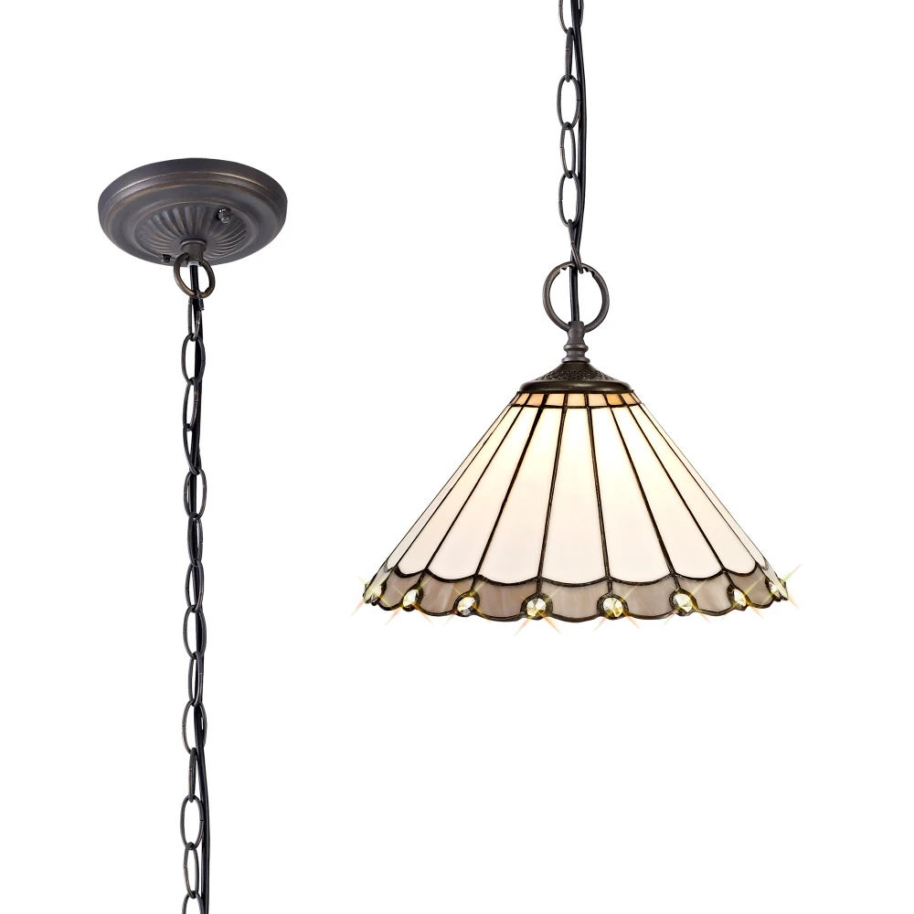 Uplands 2 Light Downlighter Pendant E27 with 30cm Tiffany Shade Greycreamcrystalaged Antique Brass | Washington Lighting and Interiors Uplands 2 Light Downlighter Pendant E27 with 30cm Tiffany Shade Greycreamcrystalaged Antique Brass | Washington Lighting and Interiors