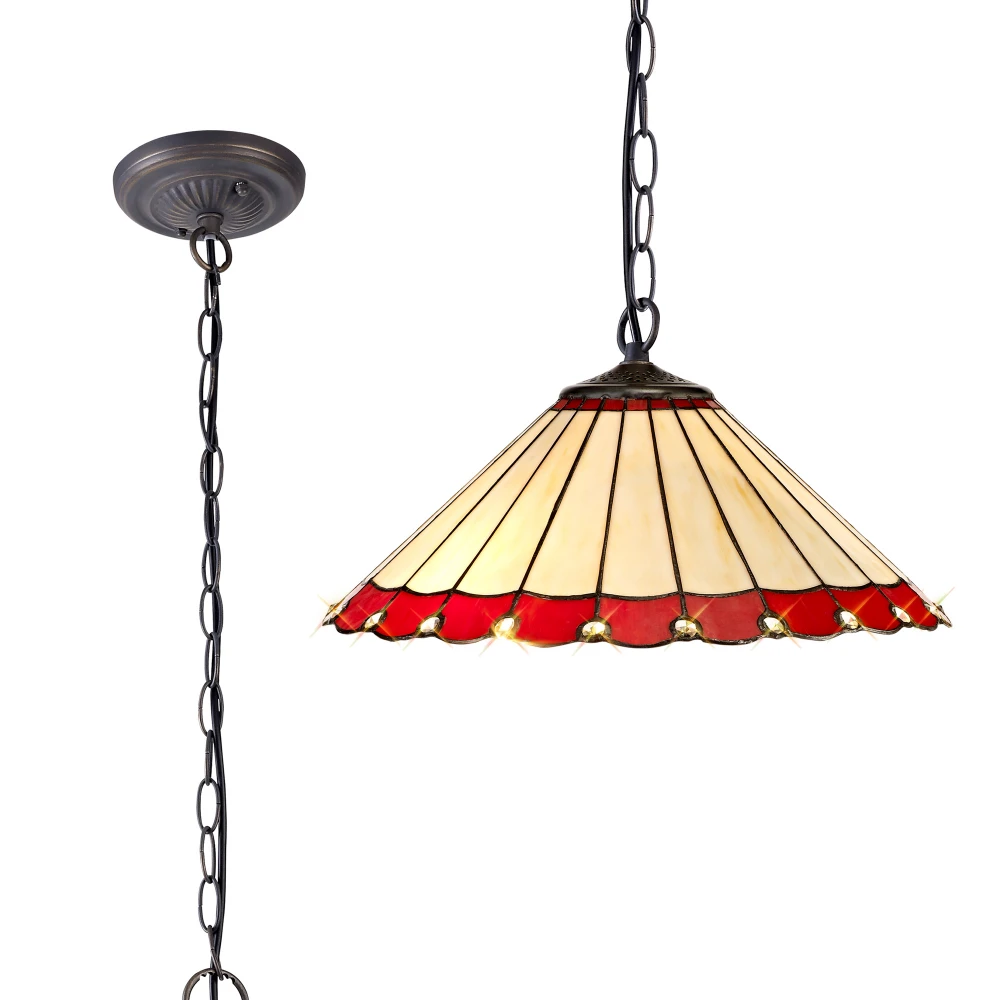 Uplands 1 Light Downlighter Pendant E27 with 40cm Tiffany Shade Redcreamcrystalaged Antique Brass | Washington Lighting and Interiors Uplands 1 Light Downlighter Pendant E27 with 40cm Tiffany Shade Redcreamcrystalaged Antique Brass | Washington Lighting and Interiors