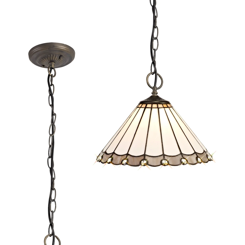 Uplands 3 Light Downlighter Pendant E27 with 30cm Tiffany Shade Greycreamcrystalaged Antique Brass | Washington Lighting and Interiors Uplands 3 Light Downlighter Pendant E27 with 30cm Tiffany Shade Greycreamcrystalaged Antique Brass | Washington Lighting and Interiors