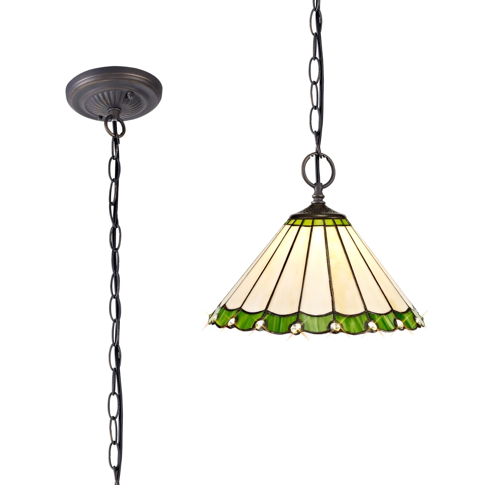 Uplands 2 Light Downlighter Pendant E27 with 30cm Tiffany Shade Greencreamcrystalaged Antique Brass | Washington Lighting and Interiors Uplands 2 Light Downlighter Pendant E27 with 30cm Tiffany Shade Greencreamcrystalaged Antique Brass | Washington Lighting and Interiors