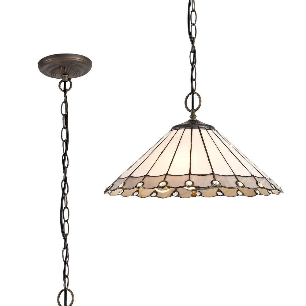 Uplands 3 Light Downlighter Pendant E27 with 40cm Tiffany Shade Greycreamcrystalaged Antique Brass | Washington Lighting and Interiors Uplands 3 Light Downlighter Pendant E27 with 40cm Tiffany Shade Greycreamcrystalaged Antique Brass | Washington Lighting and Interiors