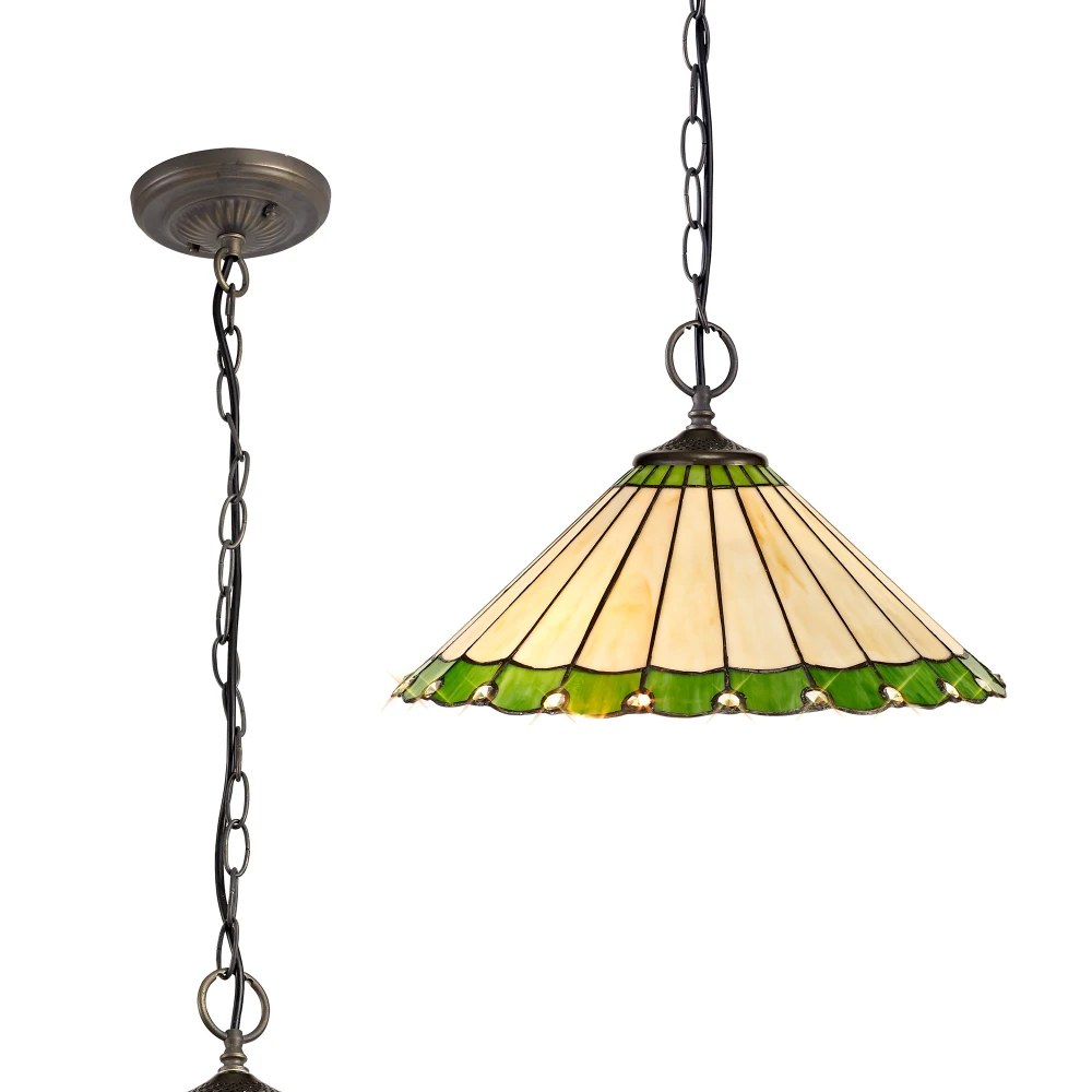 Uplands 2 Light Downlighter Pendant E27 with 40cm Tiffany Shade Greencreamcrystalaged Antique Brass | Washington Lighting and Interiors Uplands 2 Light Downlighter Pendant E27 with 40cm Tiffany Shade Greencreamcrystalaged Antique Brass | Washington Lighting and Interiors