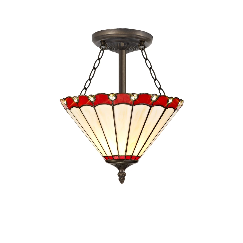 Uplands 3 Light Semi Ceiling E27 with 30cm Tiffany Shade Redcreamcrystalaged Antique Brass | Washington Lighting and Interiors Uplands 3 Light Semi Ceiling E27 with 30cm Tiffany Shade Redcreamcrystalaged Antique Brass | Washington Lighting and Interiors