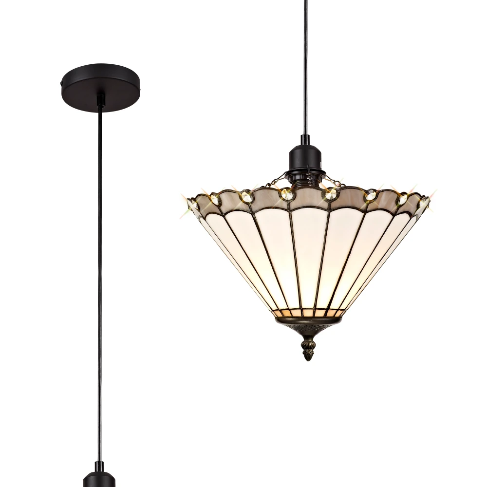 Uplands 1 Light Uplighter Pendant E27 with 30cm Tiffany Shade Greycreamcrystalblack | Washington Lighting and Interiors Uplands 1 Light Uplighter Pendant E27 with 30cm Tiffany Shade Greycreamcrystalblack | Washington Lighting and Interiors